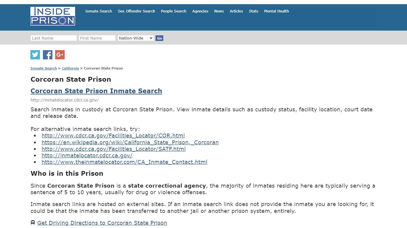 Corcoran State Prison - California - Inmate Search