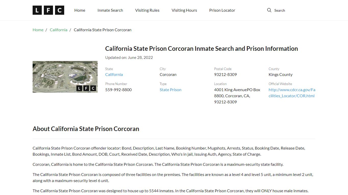 California State Prison Corcoran Inmate Search, Visitation ...